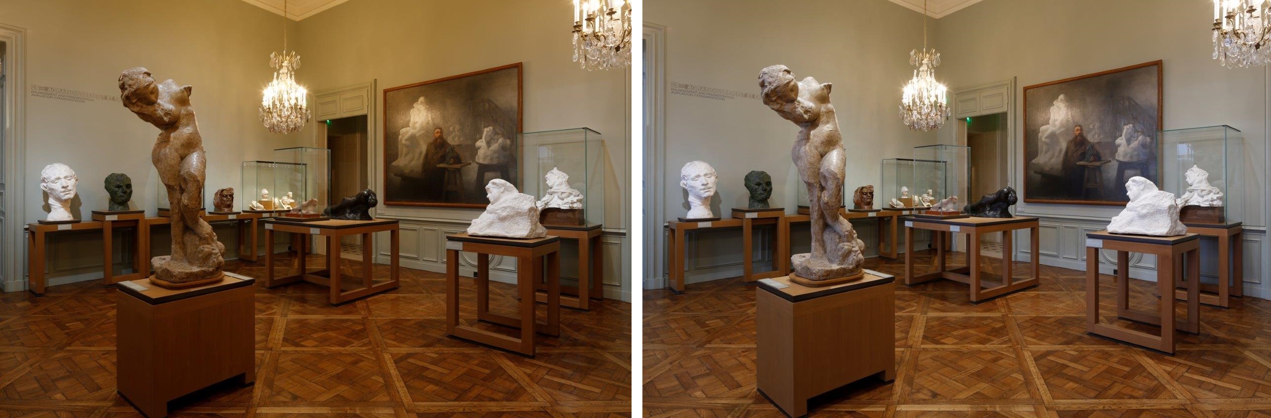 © Hervé Abbadie - Zumtobel. La Médiation ou la Voix intérieure - Toute la difficulté de la gestion de l’éclairage a consisté à définir, pour chaque projecteur, la programmation des changements d’intensité et de température de couleur, adaptées aux différentes matières et à la disposition des œuvres. Les lustres ont été conservés et les lampes halogènes remplacées par des sources LED dont l’intensité varie selon les apports de lumière naturelle. The difficulty of lighting management consisted in defining the programming for each spotlight of the intensity and color temperature changes to adapt to different materials and the disposition of the art works. Chandeliers have been preserved and halogen lamps replaced by LED sources of which the intensity vary according to the daylight.