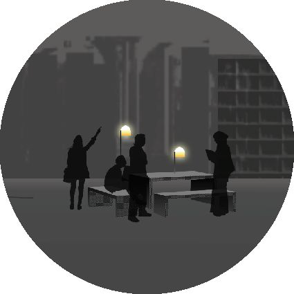 Trame noire du campus Paris Saclay – 2016. Des microespaces d’accueil, éclairés de manière autonome et à la demande, permettent de limiter l’impact des éclairages artificiels sur la faune et notamment sur les chiroptères (chauves-souris) très présents sur ce territoire. © Concepto